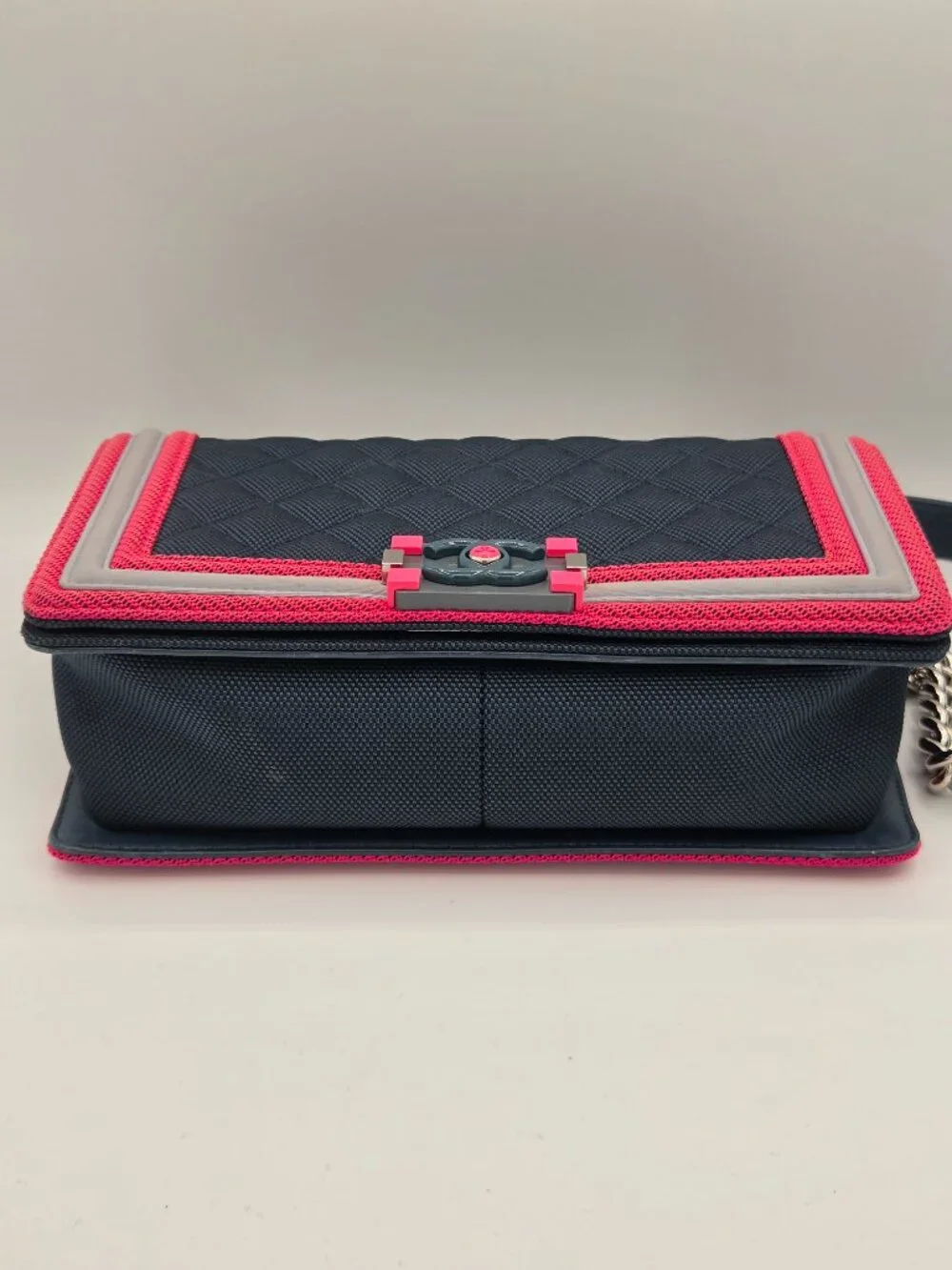 Chanel Medium Fluo Boy Flap Bag – Navy Quilted Canvas | Fuchsia & Grey Trim